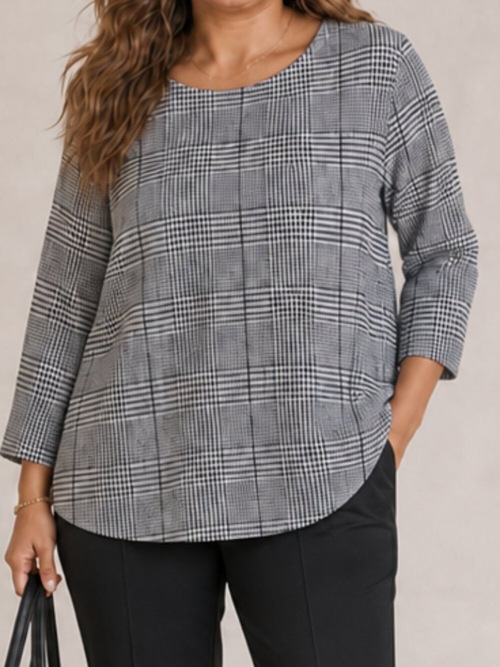 W5 Preppy Office Houndstooth 3/4 Length Sleeve Blouse XL Black White